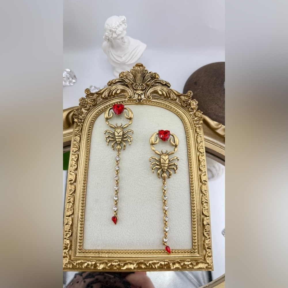 Gothic Scorpion Drop Earrings | Red Crystal Heart & Rhinestone Tail - Picture 6 of 12